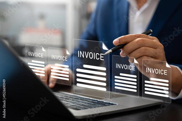 Fototapeta E-Invoice and Digital billing concept, Businessman using laptop to manage electronic statements on virtual screen. E-tax, Digital receipt, Online invoice processing and tax accounting solutions.