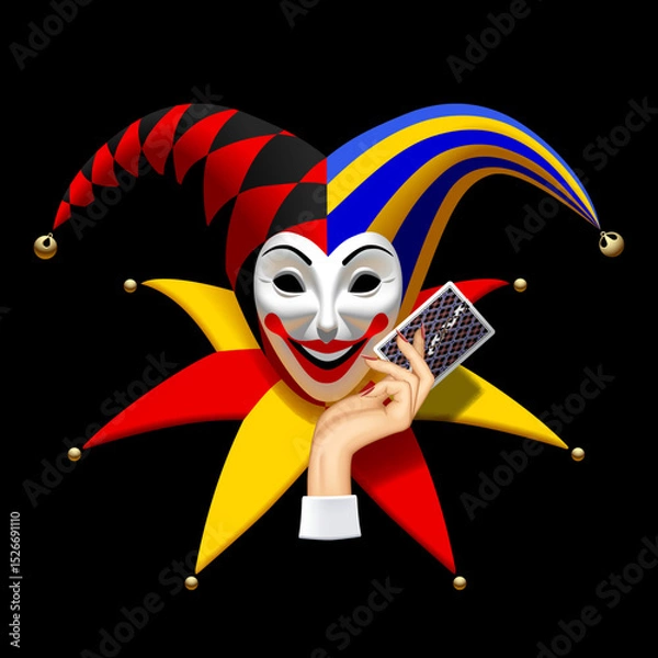 Fototapeta The smyling head of the Joker in a mask and multicolored fool's cap with bells holding a playing card in his hand isolated on black. Vector illustration in 3d style