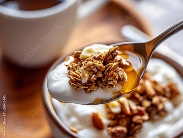 Fototapeta Close-up of yogurt with granola and honey in wooden bowl