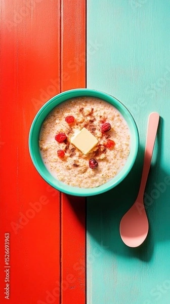 Fototapeta Rustic bowl of hearty rye porridge with butter and berries  
