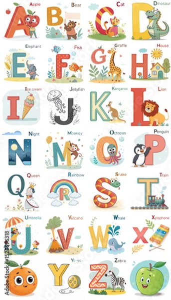 Fototapeta Complete colorful alphabet illustration for children's educational materials featuring animals and objects