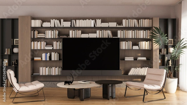 Fototapeta Modern Home Library with Integrated TV Unit