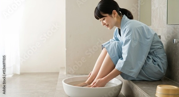 Fototapeta 白い洗面器に足を浸しながら微笑む女性