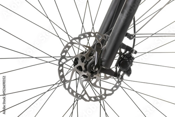 Fototapeta Part of bike brake disc in close up isolated on white. Details of bike front wheel axle disc brake damper.