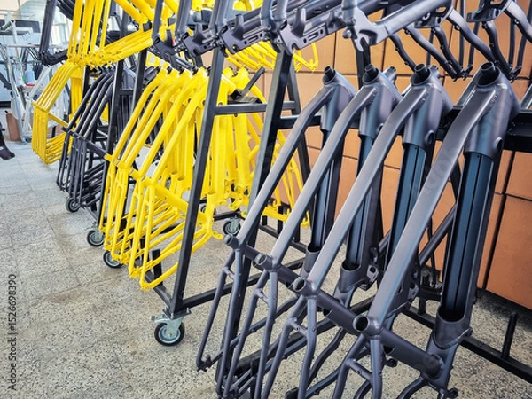 Fototapeta Production line of painted bicycle frames arranged on a rack in a factory