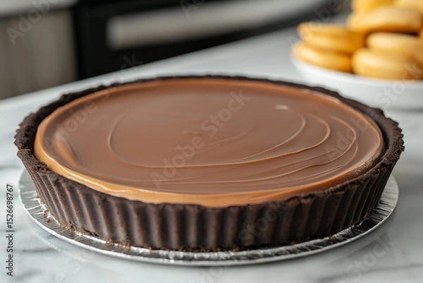 Fototapeta Peanut butter cheesecake with chocolate cookie crust, topped with glossy chocolate ganache