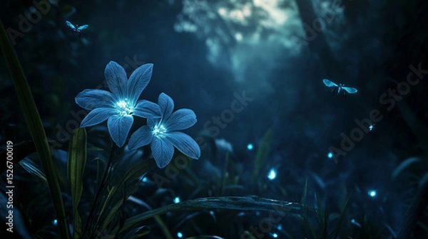 Fototapeta Enchanting Glowing Blue Flowers at Night in a Magical Forest with Fireflies