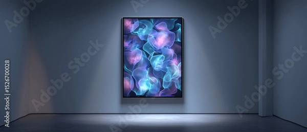 Fototapeta digital art auction display in empty interior; OLED canvas displaying neon jellyfish NFTs,; 2025 digital art trend in museum-grade black frame gallery lighting for luxury auction catalog