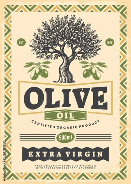 Obraz Vintage poster advertisement for olive oil. Olive tree retro graphic on old paper texture. Vector illustration.