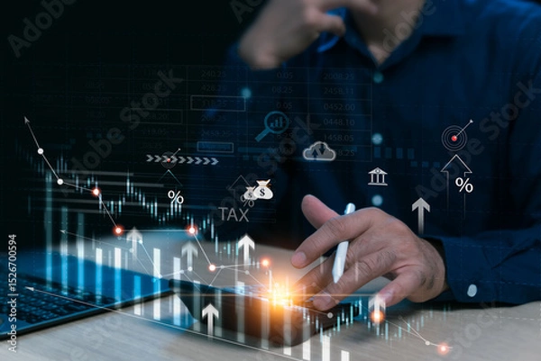 Fototapeta Financial investment analysis concepts, stock trading, budget assessment, government budget disbursement, retirement dividends, and income tax rate calculation using calculators and laptop devices.