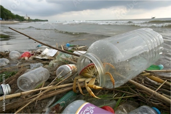 Fototapeta Plastic waste and trash on ocean and seashore showing marine pollution and environmental damage. A world issue affecting oceans and marine ecosystems worldwide.