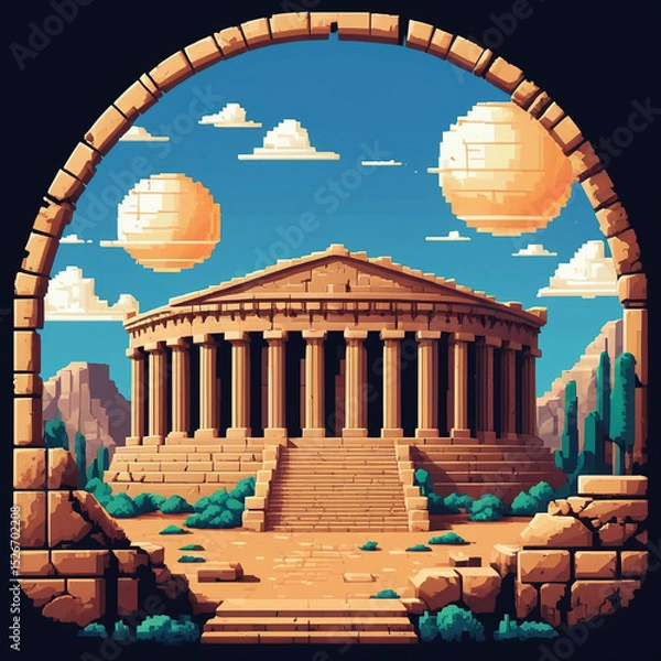 Fototapeta Retro Ancient Temple Drawing, 8-Bit Style Historic Landmark
