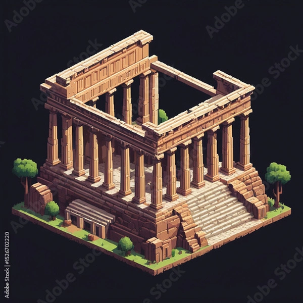 Fototapeta Pixel Render of Parthenon-Inspired Temple, Classical Game Asset