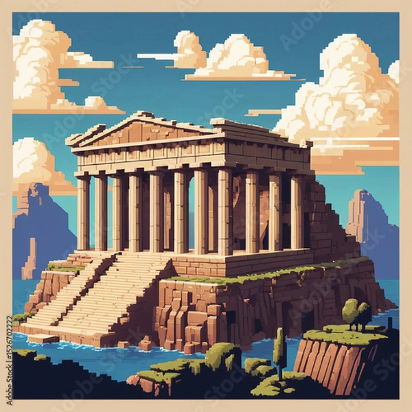 Fototapeta Retro Ancient Temple Drawing, 8-Bit Style Historic Landmark
