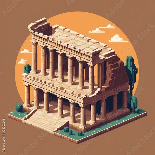 Fototapeta Pixel Render of Parthenon-Inspired Temple, Classical Game Asset