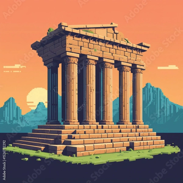 Fototapeta Pixel Render of Parthenon-Inspired Temple, Classical Game Asset