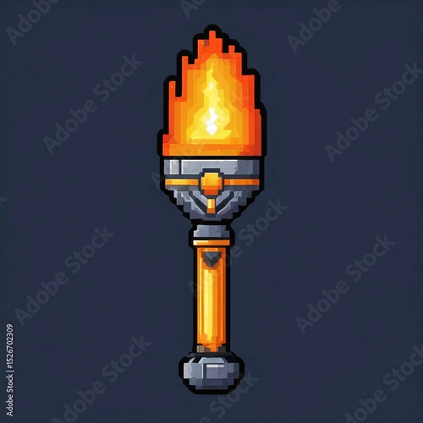 Fototapeta 8-Bit Pixel Torch Icon, Ancient Greek Fire Symbol in Retro Style
