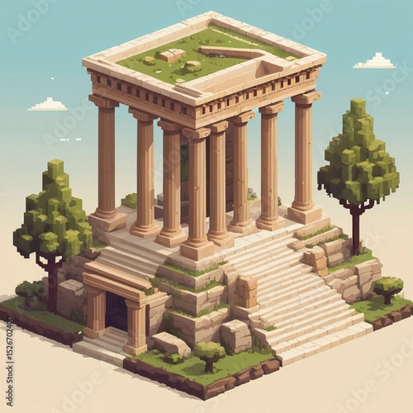 Fototapeta Retro Ancient Temple Drawing, 8-Bit Style Historic Landmark
