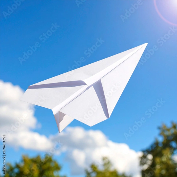 Fototapeta Paper plane flying in the blue-sky background. AI