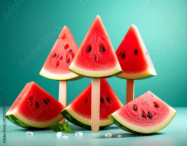 Fototapeta Frozen watermelon on a stick, illustration. AI