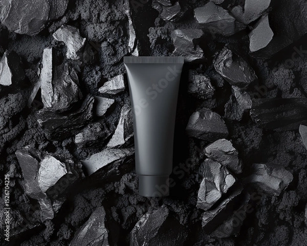 Obraz Black cosmetic tube lies on coal background. Horizontal mockup of cream or toothpaste with charcoal. Flat lay of matte plastic packaging