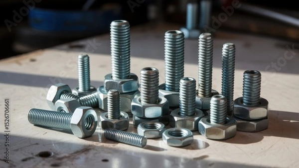 Obraz Assorted metal nuts and bolts on a workshop table in sunlight