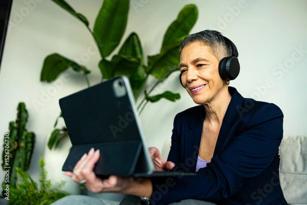 Fototapeta Happy mature businesswoman attending a video conference on a tablet while wearing headphones and working remotely from home