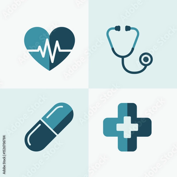 Fototapeta Medical essentials icon set. Heartbeat monitor, stethoscope, pill, and first aid cross for health management visuals  