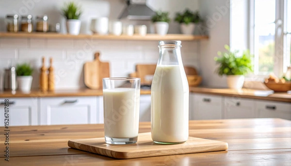 Fototapeta Un vaso y una botella de cristal con leche para el desayuno sobre la mesa de una cocina moderna y luminosa