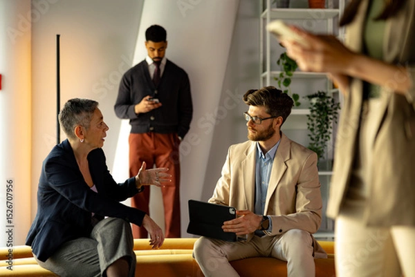 Fototapeta Businesspeople engaging in discussion while using digital devices in a modern office setting during a collaborative meeting