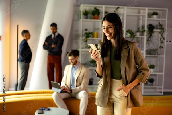 Fototapeta Businesswoman smiling and using mobile phone in modern office with colleagues working in background