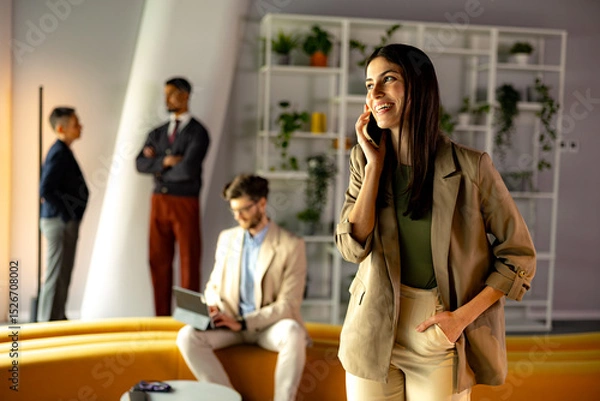 Fototapeta Businesswoman smiling and talking on phone while colleagues working in background at the office