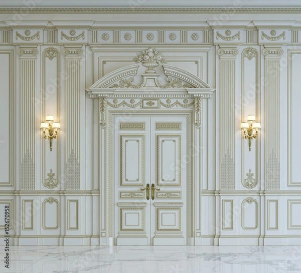 Obraz White wall panels in classical style with gilding. 3d rendering
