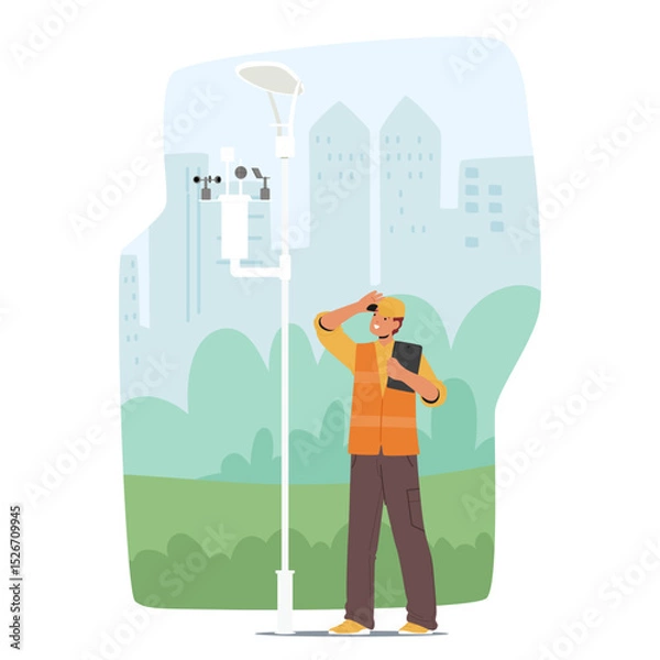 Fototapeta Ecologist engineer character checking alternative electric power sources for lighting city streets