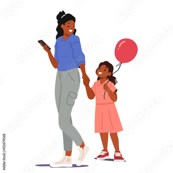 Obraz Happy mother and little daughter enjoying time walking together isolated on white background