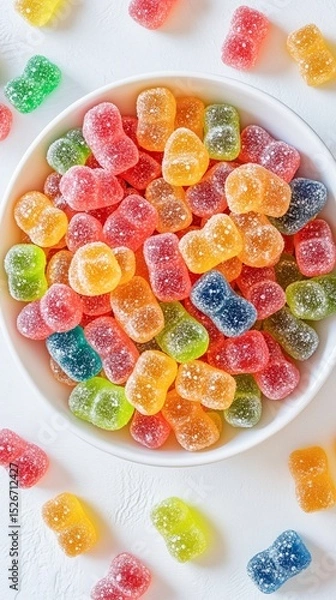 Obraz Colorful gummy candies in a white bowl, showcasing a variety of vibrant flavors and shapes. Perfect for candy lovers, parties, or sweet treats for any occasion