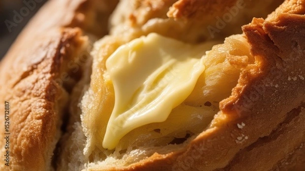 Fototapeta Close-up of freshly baked bread with melted butter in warm daylight