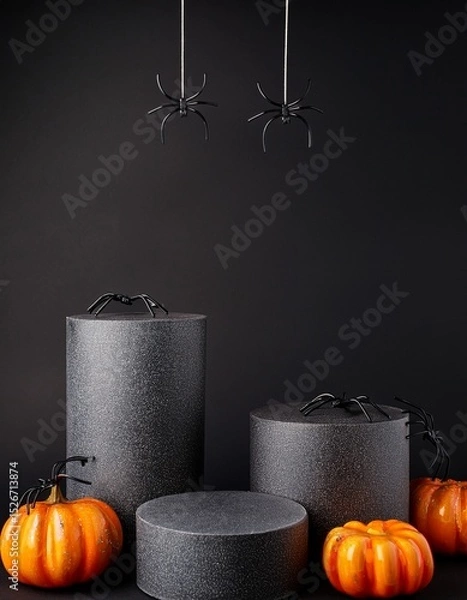 Obraz Halloween display concept. dark gray empty podiiums with orange pumpkins and candles on black background. Generated image