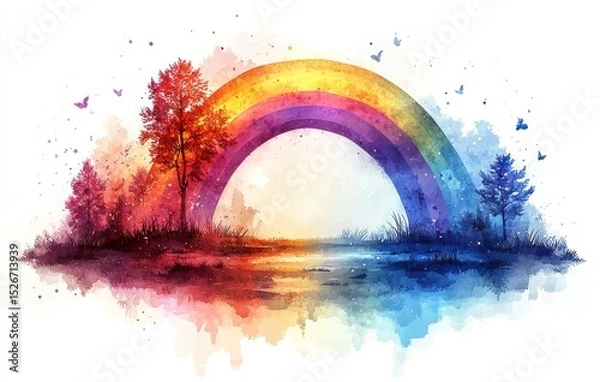 Fototapeta Watercolor rainbow arching over a serene landscape with colorful trees, grass, reflections, and butterflies Generative AI