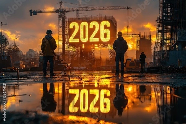 Fototapeta Construction workers standing on a wet urban site with glowing 2026 numbers reflecting in a puddle at dramatic sunset Generative AI