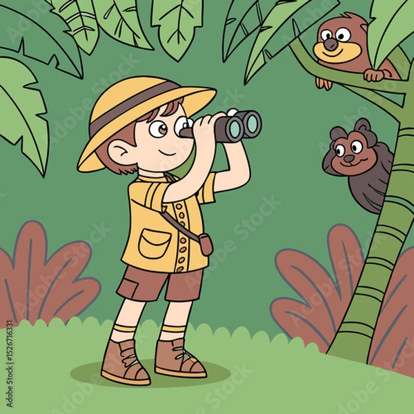 Fototapeta Jungle Exploration: A curious child, dressed in explorer attire, uses binoculars to observe wildlife in a vibrant jungle setting. Two playful sloths peek from the trees.