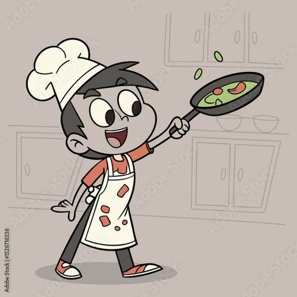 Fototapeta Young Chef in Action: A cheerful cartoon depicts a young boy, decked out in a chef's hat and apron, playfully tossing ingredients in a pan, creating a whimsical celebration of culinary artistry.