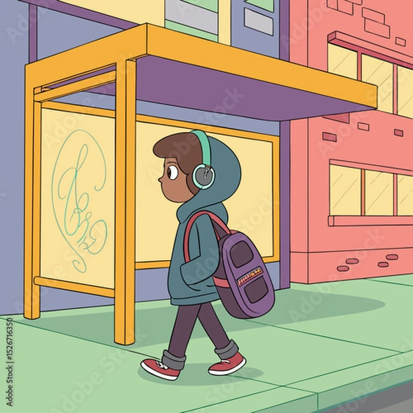 Fototapeta Waiting for the Bus: A young person with headphones and a backpack walks past a bus stop in a vibrant, stylized cityscape. The illustration captures a moment of quiet contemplation and everyday life.