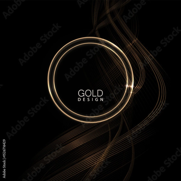 Obraz An exquisite round frame with wavy ribbons in gold tones, isolated elements on a black background.