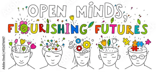 Fototapeta Bright vector illustration of open minds blooming with different ideas.
