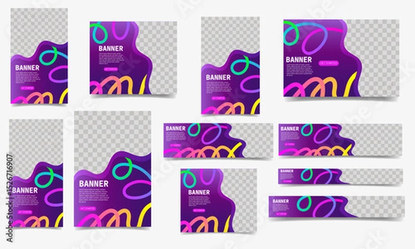 Fototapeta Web banners with curved rainbow gradient lines. Different sizes template. Ads, websites, presentations, and digital projects concept.