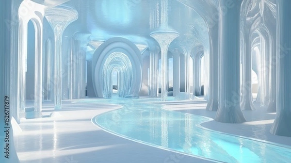 Obraz Futuristic ice palace interior with flowing light blue liquid pathway.