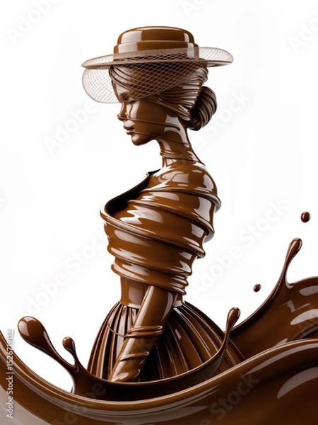 Fototapeta Beautiful Silhouette of Woman Wearing Veil Hat and Dress from Chocolate Splashes with World Chocolate Day Text on Empty White Background
