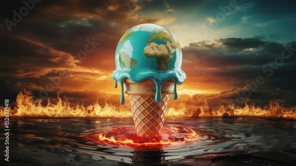 Fototapeta Melting Earth globe ice cream cone, climate change concept.