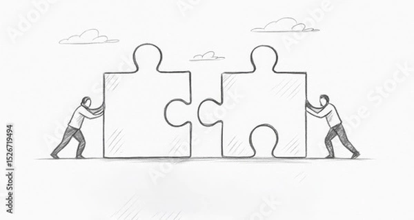 Obraz The depicts collaboration and alignment as two individuals push large puzzle pieces together symbolizing problem-solving and partnership in business